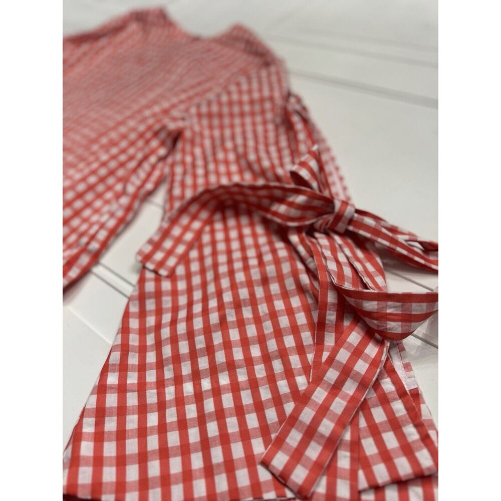Style Mafia Seersucker Red Plaid Checker Blouse Long Tie Sleeves Size Medium M - Picture 2 of 5